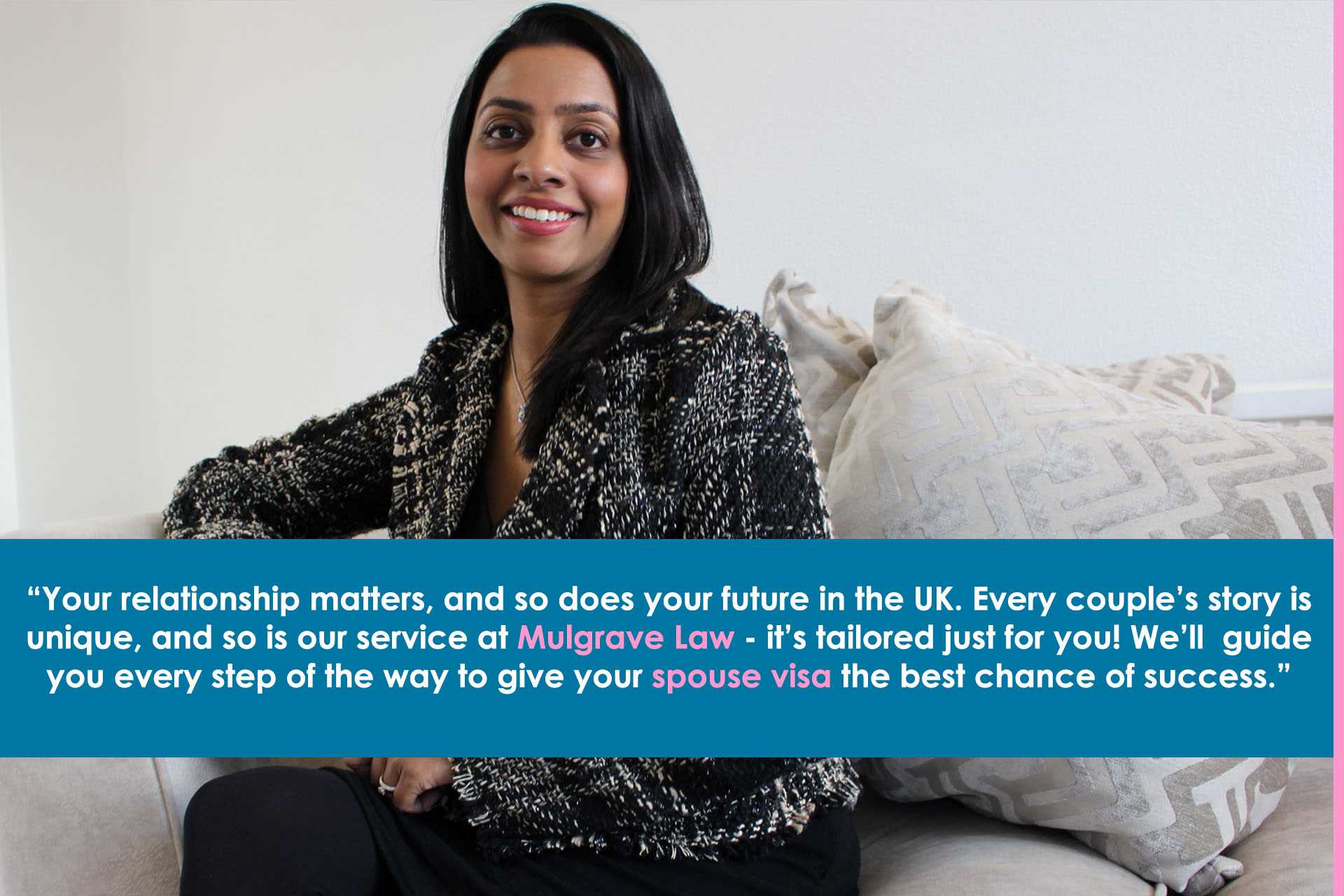 Alisha Pereira, immigration solicitor at Mulgrave Law, sitting in the office during a client consultation.