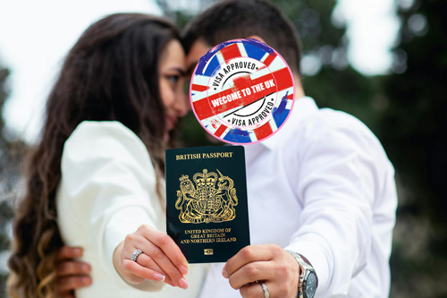 Couple holding a British passport – symbolising UK spouse visa approval and marriage-based immigration.